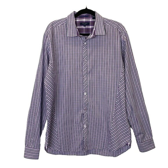 TED BAKER Shirt Mens Size Large Purple Plaid Check Long Sleeve Button Front - Picture 1 of 4